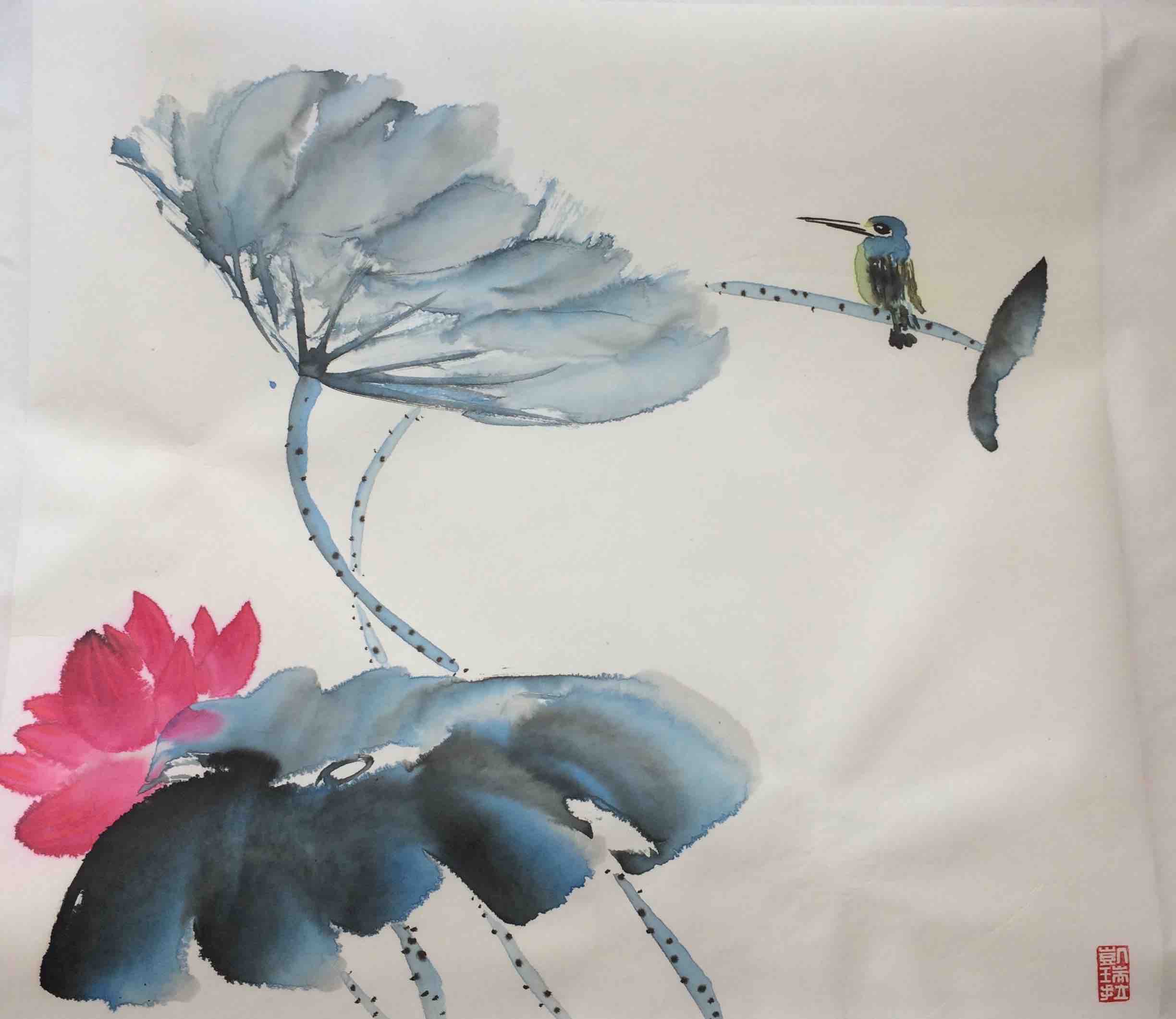 Lotusblume im Wind mit Eisvogel